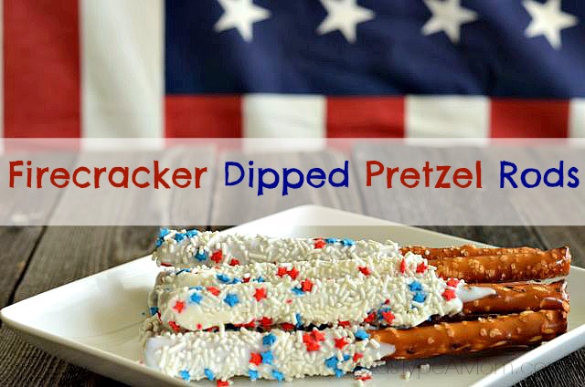 Red, white, and blue recipe! Get festive this 4th of July with Patriotic Firecracker Dipped Pretzel Rods. This easy dessert has the perfect balance of salty and sweet. 