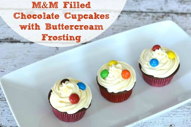 M&M Filled Chocolate Cupcakes with Chocolate Buttercream Frosting #shop #BakingIdeas #cbias