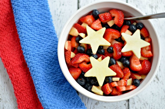 easy fruit salad with strawberries, blueberries, and apple stars