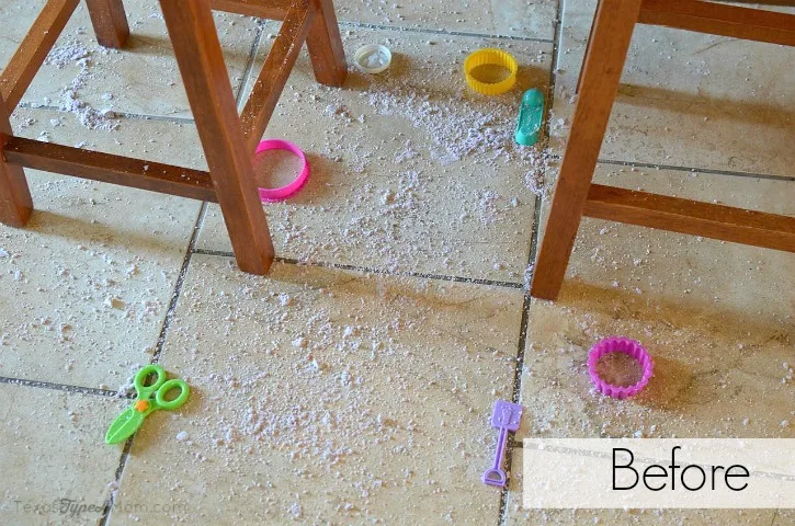 Labeled Cloud Dough Covered Floor Before Eureka SuctionSeal 