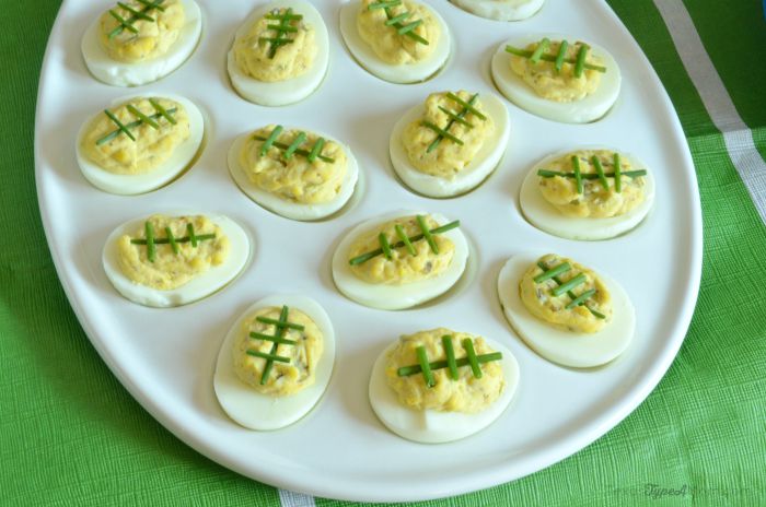 Spicy Deviled Egg Footballs for Game Day