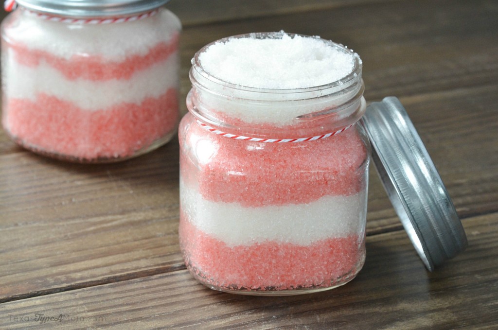 diy peppermint sugar scrub recipe in jars with twine