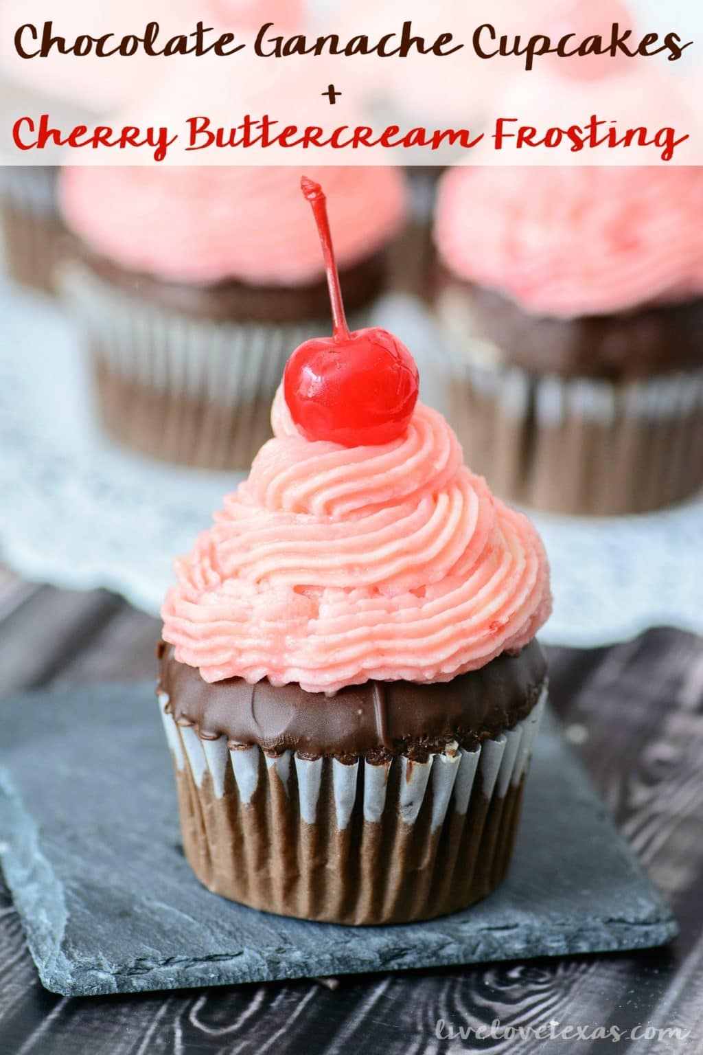 Chocolate Ganache Cupcakes Recipe with Cherry Buttercream Frosting Pinnable