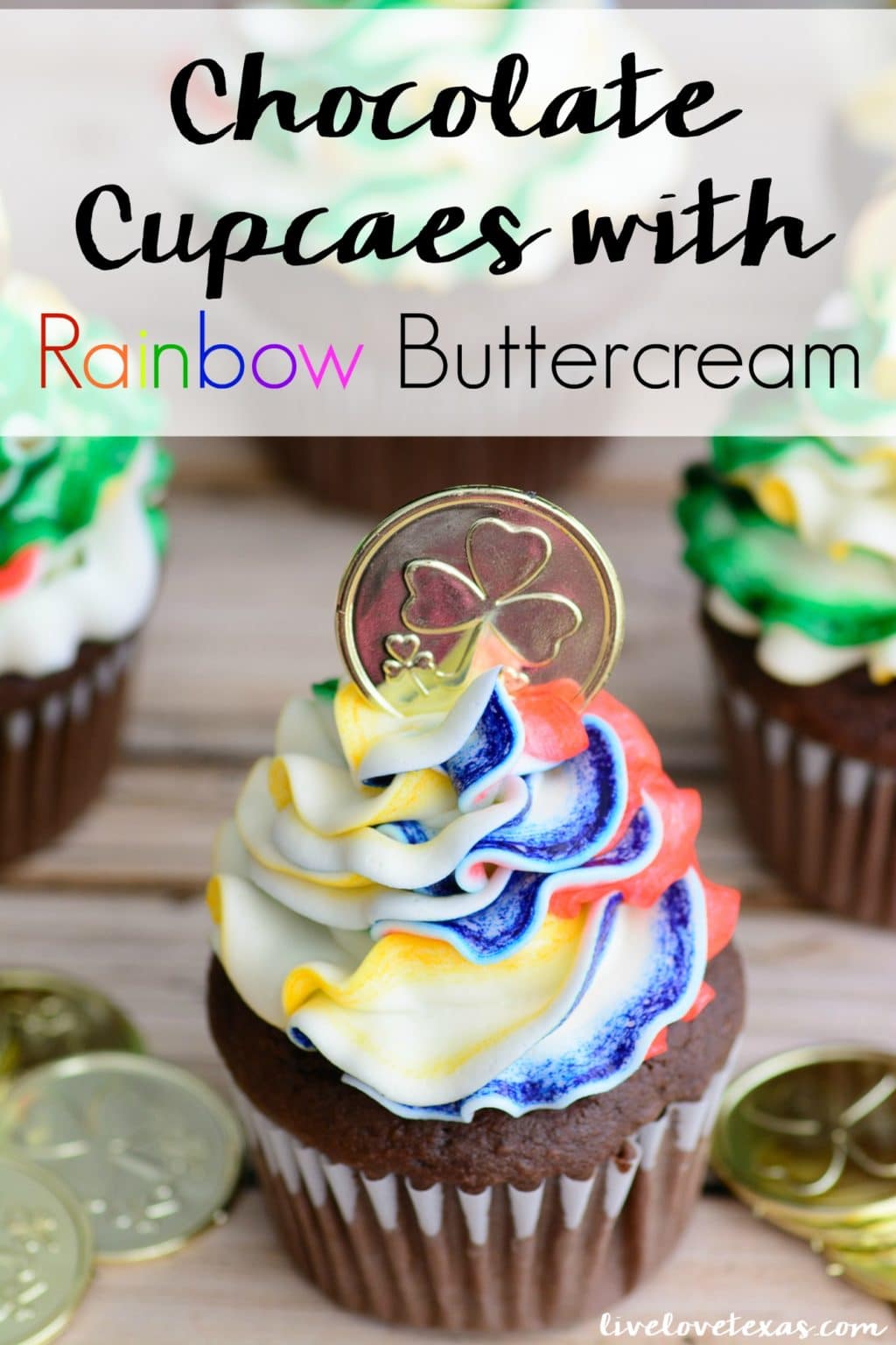 Looking for an eye-catching dessert recipe for St Patrick's Day? Check out these Easy Chocolate Cupcakes Recipe from Scratch + Rainbow Buttercream Frosting! #cupcakes #cupcakerecipes #rainbowdesserts #rainbowcupcakes #rainbowrecipes