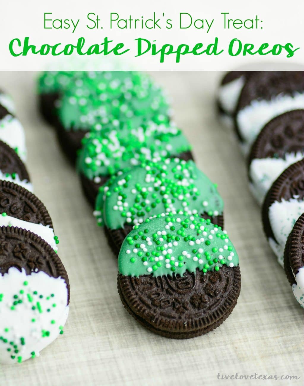 Looking for a last minute, yet easy St. Patrick's Day treat recipe? Check out these Chocolate Dipped Oreos for your party or a festive after school snack! #oreos #oreorecipes #greendesserts #stpatricksdayrecipes #snacks #kidsfood