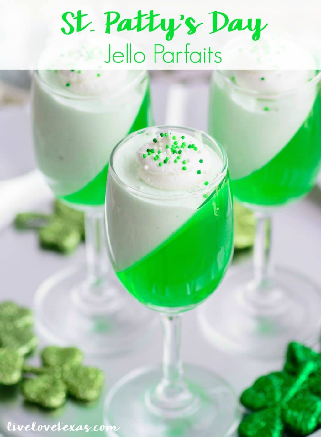 St. Patty's Day Jello Parfaits Recipe. This festive dessert recipe only has two ingredients and is so easy to make! 