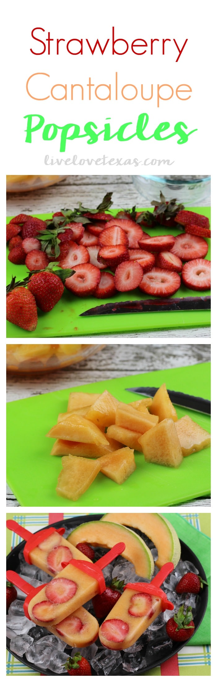 Summer is officially here! To cleebrate (and cool off just a bit), try making this easy homemade Strawberry Cantaloupe Popsicles recipe! This is such a great way to allow kids to help in the kitchen and enjoy a healthy snack afterwards! 