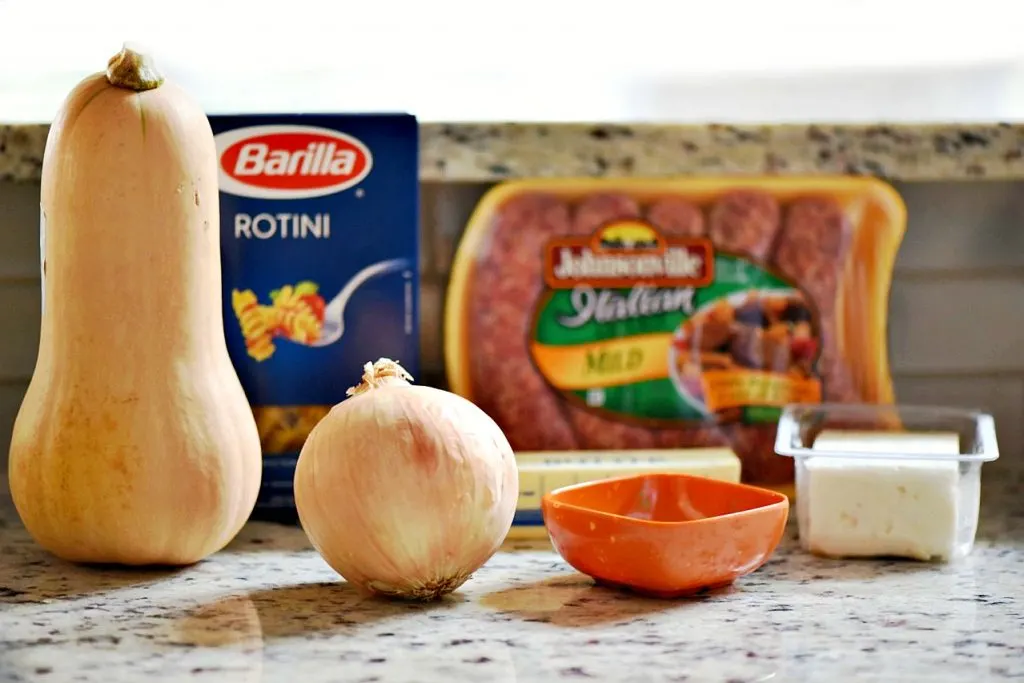 Are you looking for an easy fall pasta? Look no farther than this butternut squash and sausage rotini with sage, onions, and topped with feta! Easy, flavorful, and slightly sophisticated! 