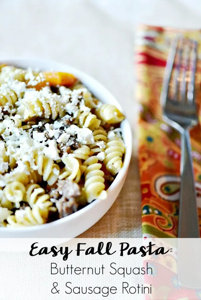 Are you looking for an easy fall pasta? Look no farther than this butternut squash and sausage rotini with sage, onions, and topped with feta! Easy, flavorful, and slightly sophisticated! 