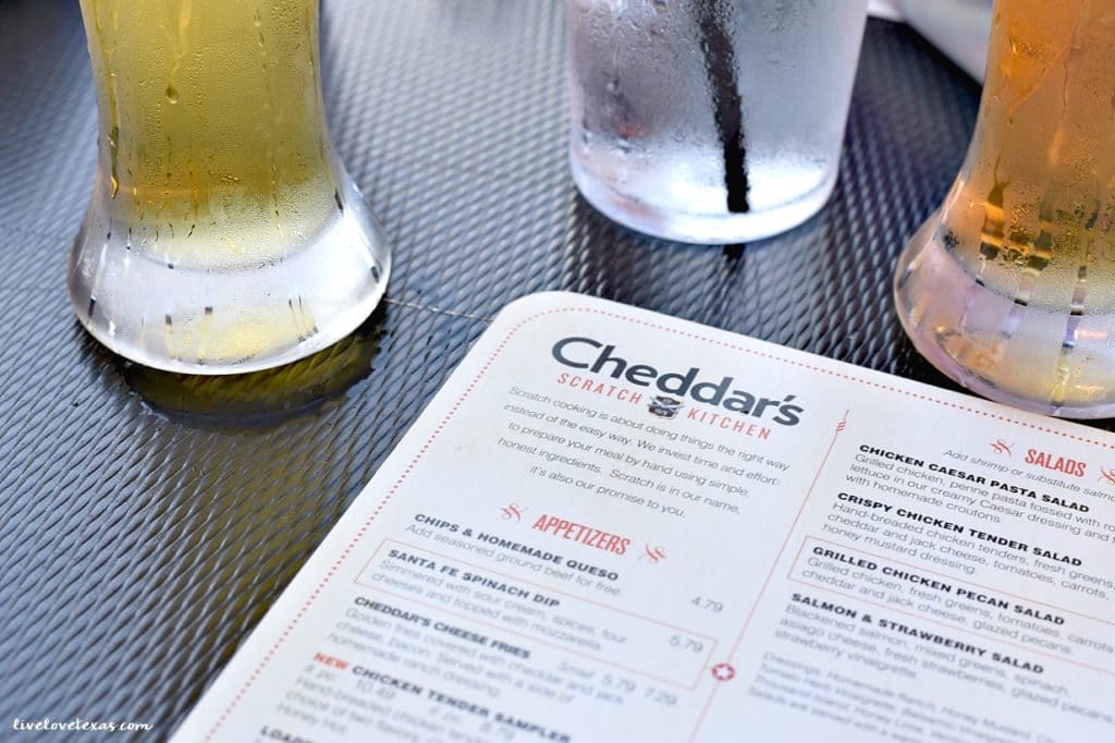 Cheddar's Scratch Kitchen review photo with menu and drinks