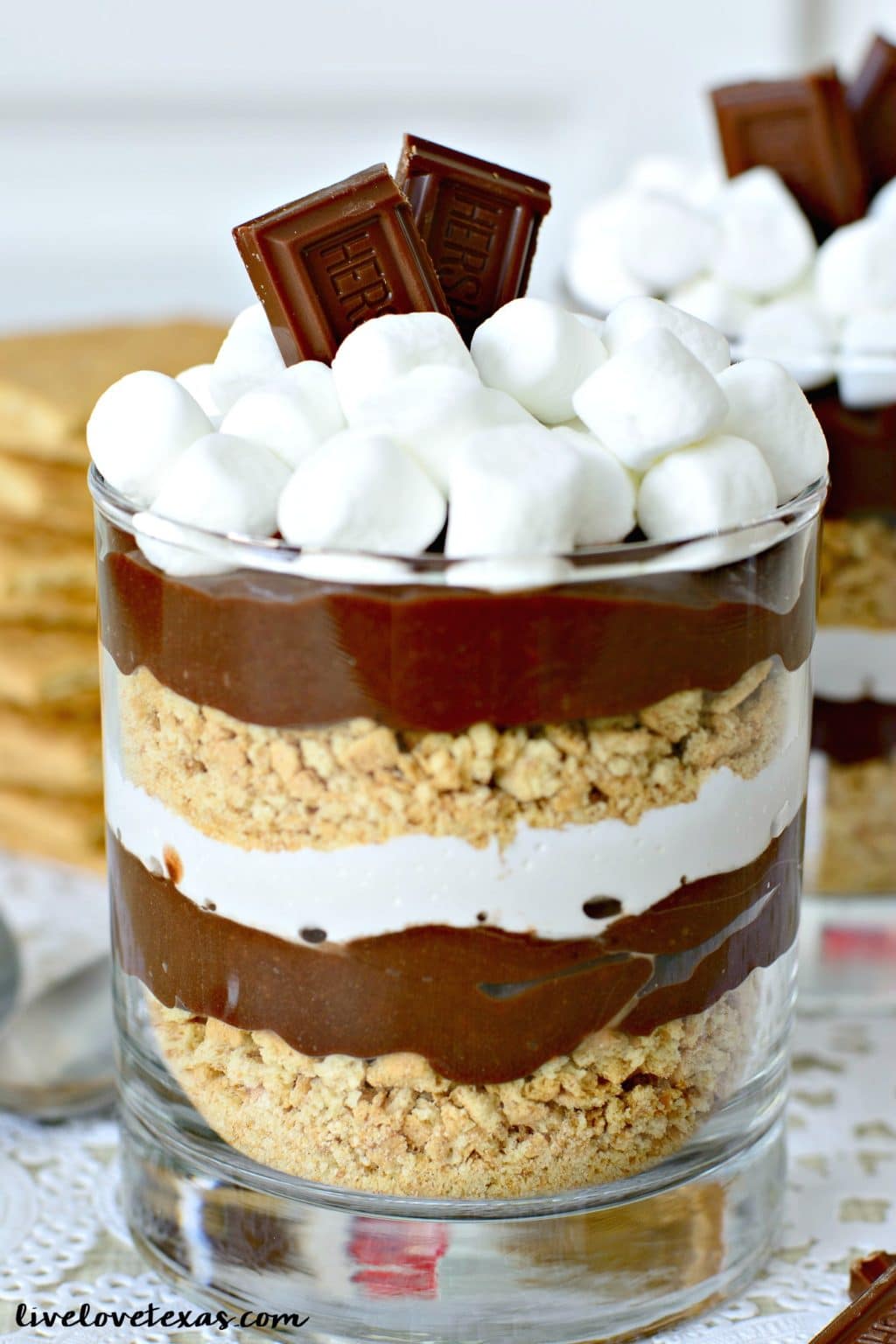 best S'mores parfait with mini marshmallows, layer of graham cracker crumbs, chocolate pudding, and topped with a chocolate bar