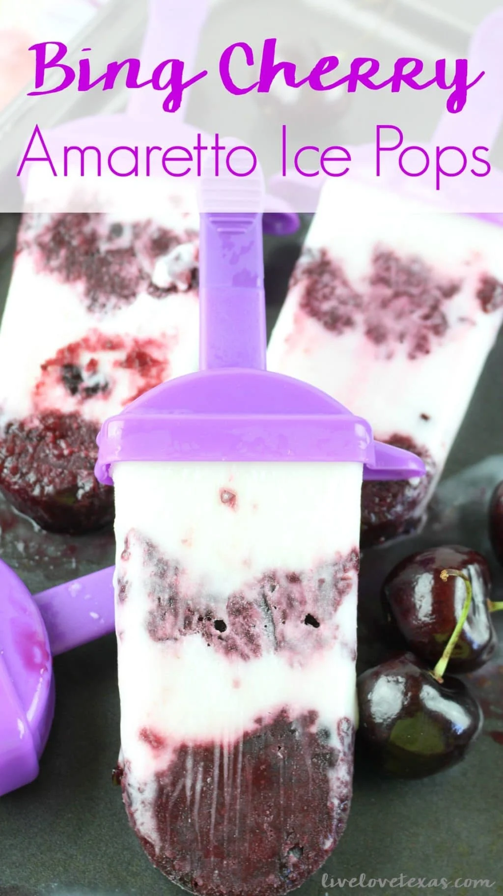 With only six ingredients, the flavors of your favorite cocktail come together in this Bing Cherry Amaretto Ice Pops Recipe!