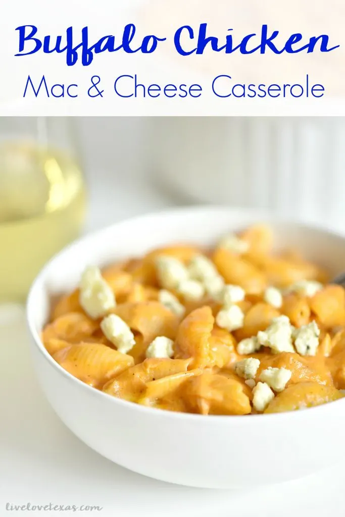 This recipe for Buffalo Chicken Mac & Cheese Casserole combines homemade mac & cheese with rotisserie chicken and buffalo sauce for one amazing dish!