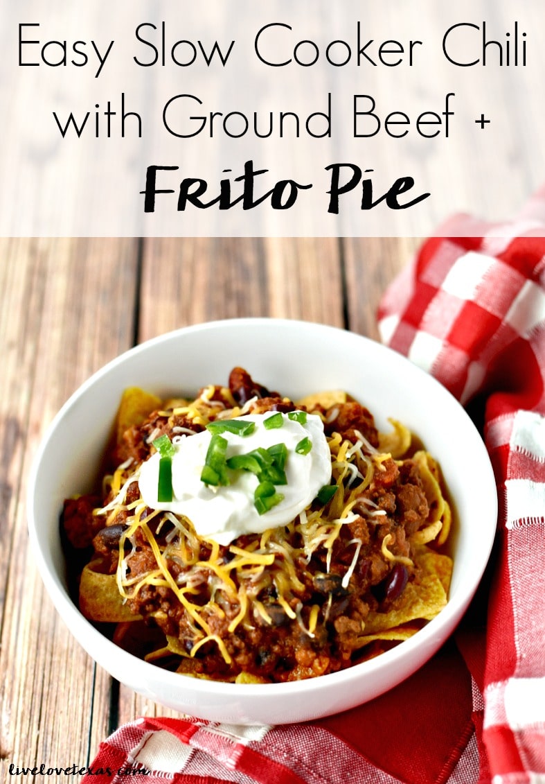 This easy crockpot chili recipe is the perfect midweek dinner or perfect for tailgating. Plus, learn how to turn your leftovers into Frito Pie on day two! #recipe #recipes #chilirecipe #chili #groundbeefrecipes #groundbeef #easychili #slowcookerrecipes #slowcooker #crockpot #crockpotrecipes #crockpotchili #fritopie #soup #chilibeans