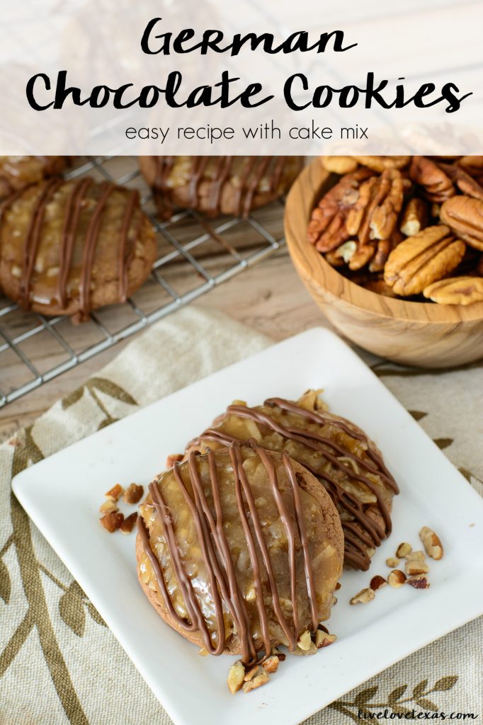 This easy recipe for German Chocolate Cookies with Cake Mix has all the flavor of German chocolate cake in individual portions! #germanchocolate #chocolatecookies #chocolate #cookies #cookierecipes #cookierecipe #cakemix #cakemixrecipes #pecans #dessertrecipes #dessert #christmascookies #christmascookieexchange #bestcookierecipes