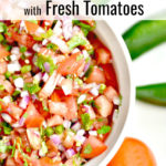 Ditch the store-bought salsa and make your own with this Easy Homemade Salsa Recipe with Fresh Tomatoes & Peppers. It's fast and simple to make to make and tastes great as a topping or with chips!
