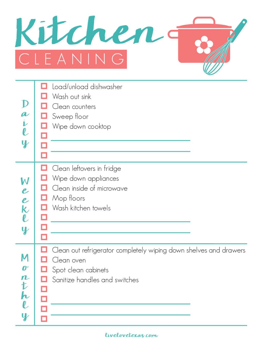 Free Kitchen Cleaning Checklist Printable {Daily Weekly Monthly}