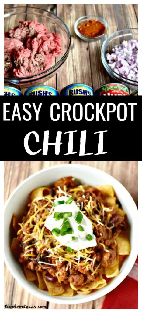 This easy crockpot chili recipe is the perfect midweek dinner or perfect for tailgating. Plus, learn how to turn your leftovers into Frito Pie on day two! #recipe #recipes #chilirecipe #chili #groundbeefrecipes #groundbeef #easychili #slowcookerrecipes #slowcooker #crockpot #crockpotrecipes #crockpotchili #fritopie #soup #chilibeans