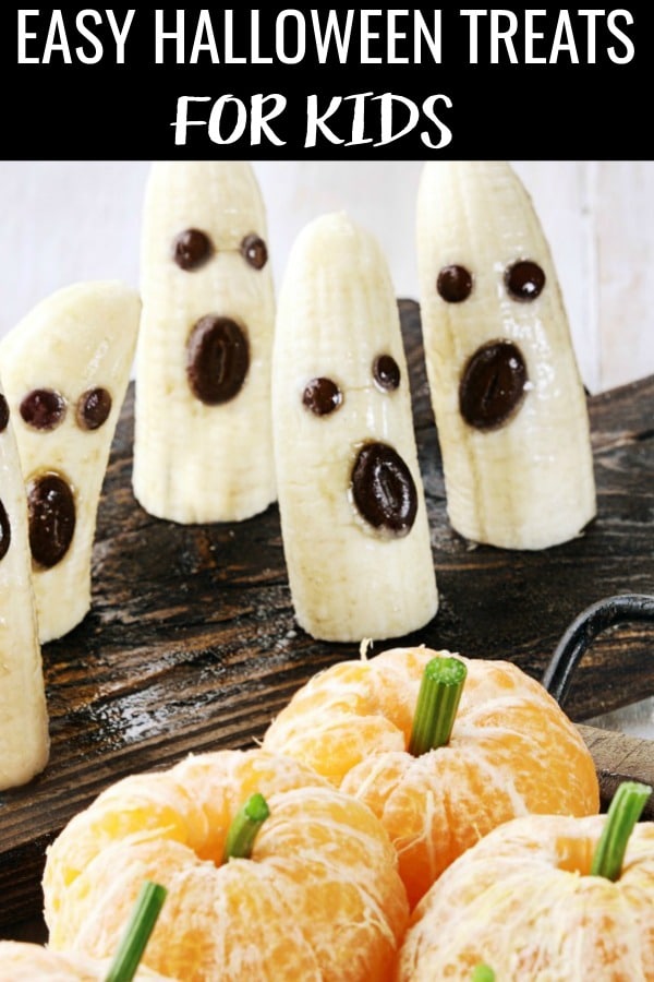 Looking for easy Halloween treats for school? You'll love how simple, healthy, and cheap these spooky boonana ghosts and clementine pumpkins are to make! #halloween #halloweenrecipes #halloweenfood #halloweensnacks #halloweenfruit #healthyhalloween #healthysnacks #halloweenfoodforkids #snacksforkids #easyhalloweentreatsforkids #cheaphalloween #simplehalloween #nobakerecipes #pumpkin #bananas #ghosts #clementines