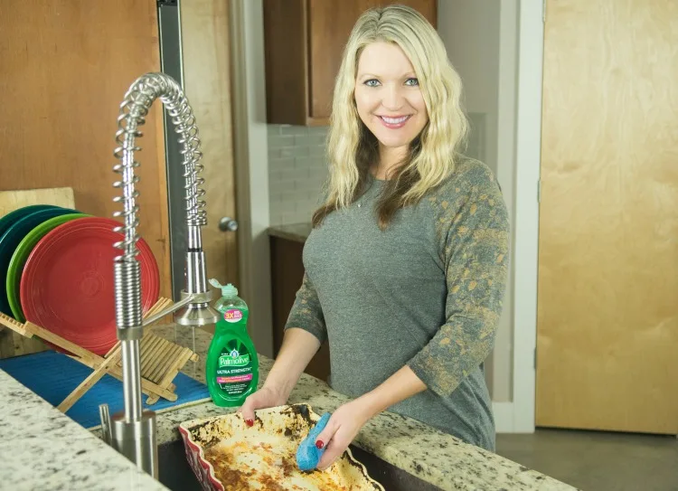 Cleaning up cooked on lasagna with Palmolive