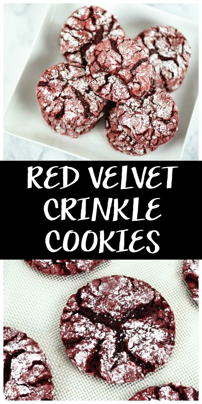 These delightful&nbsp;red velvet crinkle cookies are made with boxed cake mix. So there is less measuring, less fuss, and more time for laughing and eating cookies. #redvelvet #redvelvetrecipes #redvelvetcookies #cookiesrecipes #cookierecipes #dessertrecipes #desserts #christmascookies