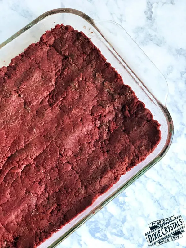 Red Velvet Fudge before fridge with dixie crystals sugar logo
