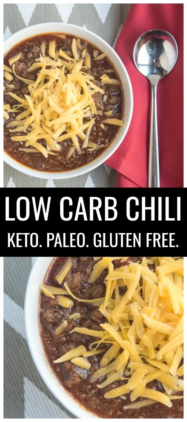 This easy keto chili recipe is full of flavor and the perfect low carb chili to help you reach your diet goals. It's a no bean chili perfect for LCHF, caveman, gluten-free, and paleo diets. But this low carb chili is also a great keto Super Bowl recipe as well!&nbsp;#lowcarb #keto #paleo #glutenfree #recipes #chili #lowcarbchili #ketochili #lowcarbrecipes #ketorecipes
