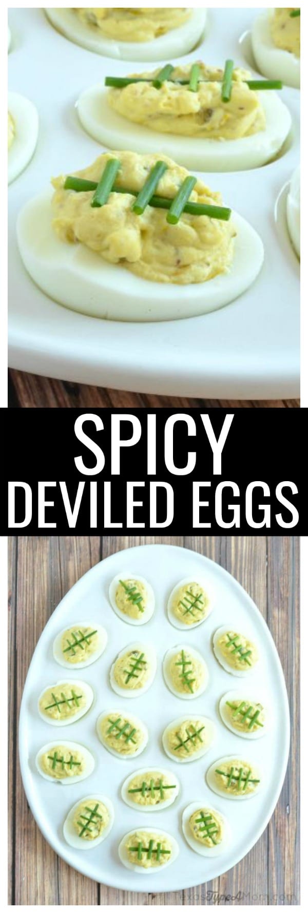 These Spicy Deviled Egg Footballs are the perfect appetizer recipe for your Game Day party! They can be customized to be as spicy (or mild) as you want!
