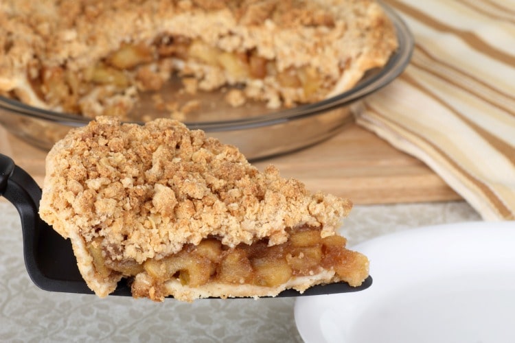 Deep Dish Apple Crumb Pie slice on pie server