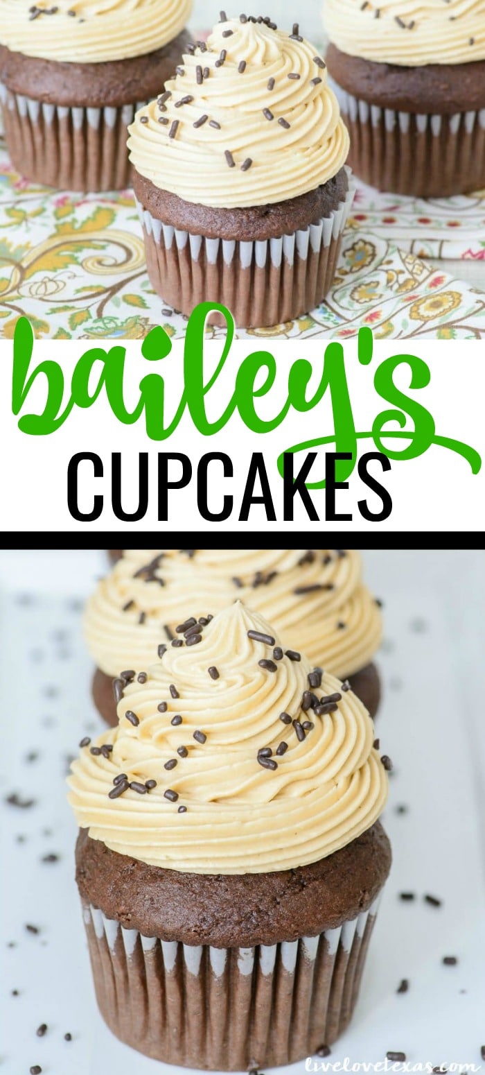 Forget plain old cupcakes. Take your dessert game to the next level with this Chocolate Bailey's Irish Cream Cupcakes recipe with Bailey's Irish Buttercream Frosting. These rich chocolate cupcakes have Bailey's Irish Cream mixed into the batter and another dash of Bailey's is added to the perfectly balanced homemade buttercream. These cupcakes will leave an impression whether they're for St. Patrick's Day or another party! #irishcreamrecipes #baileysirishcream #baileysrecipes