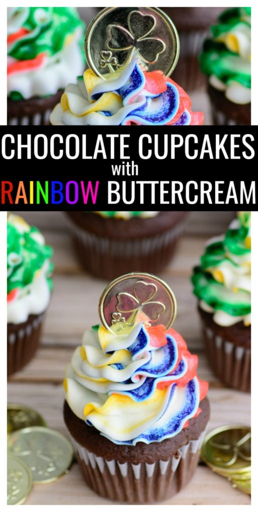 Looking for an eye-catching dessert recipe for St Patrick's Day? Check out these Easy Chocolate Cupcakes Recipe from Scratch + Rainbow Buttercream Frosting! #cupcakes #cupcakerecipes #rainbowdesserts #rainbowcupcakes #rainbowrecipes
