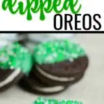 Green and white chocolate covered Oreo cookies for St. Patrick's Day snacks.