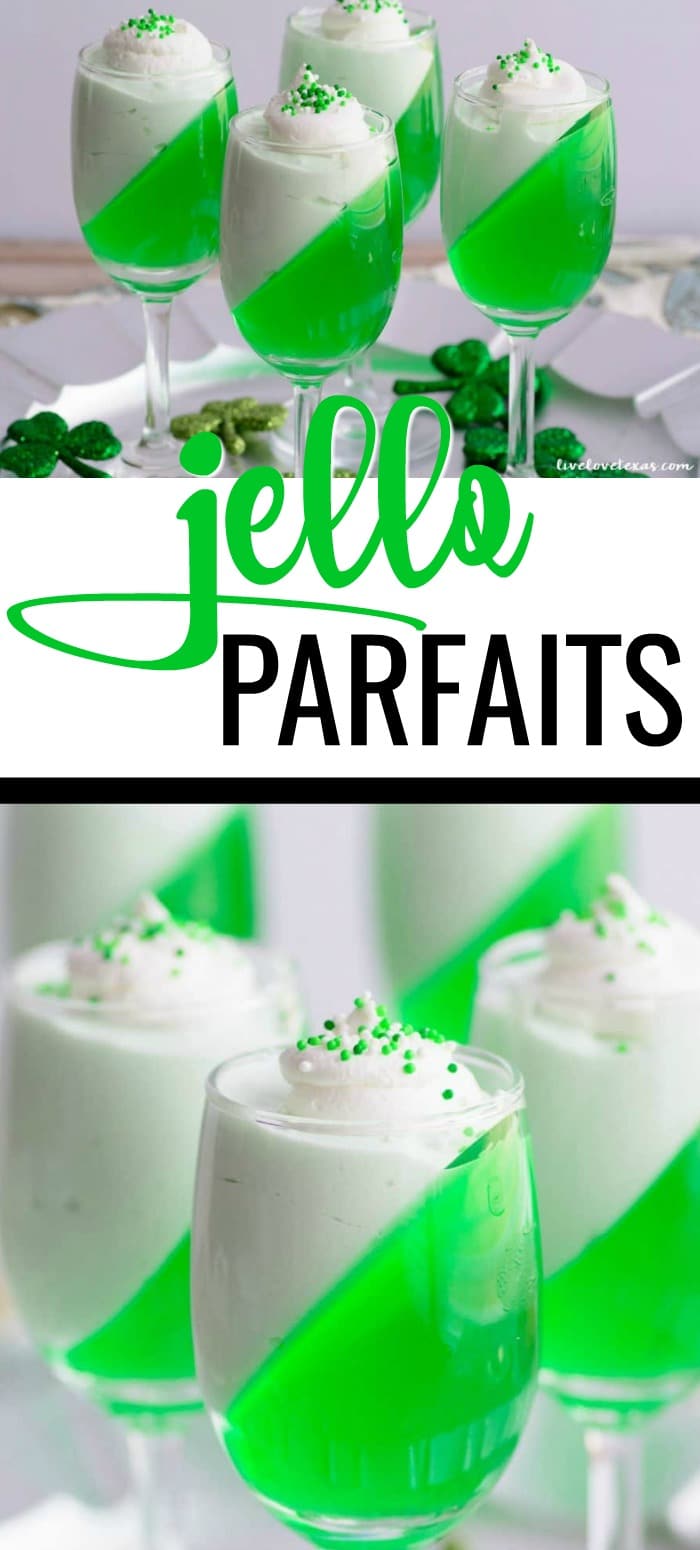 St. Patty's Day Jello Parfaits Recipe. This festive dessert recipe only has two ingredients and is so easy to make! #stpattysdaydessert #stpatricksdayrecipes #stpattysdayrecipes #dessertrecipes #easydesserts #easyrecipes #jellorecipes #greenfood