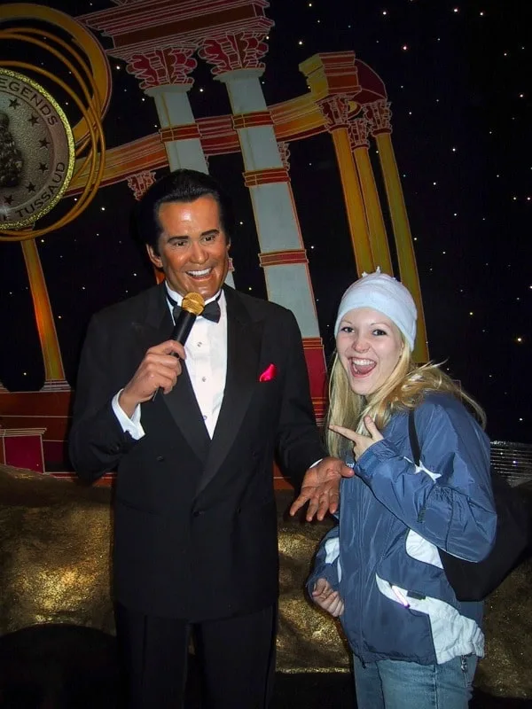 Woman standing with Wayne Newton at Madame Tussaud's Museum at the Venetian Hotel