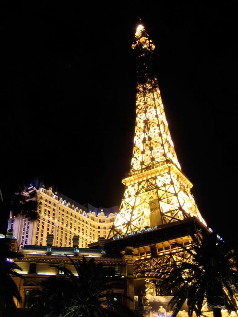 Exterior night view of the Paris Las Vegas Eiffel Tower
