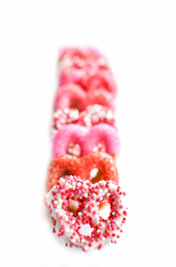 Valentine's Day snack of covered pretzels with sprinkles