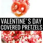 This White Chocolate Covered Pretzels recipe is a fun and delicious Valentine's Day snack idea. This easy dessert has the perfect balance of salty and sweet, covered with a little festive flair to celebrate Valentine's Day! #valentinesday #valentinesdayrecipes #coveredpretzels #snacks