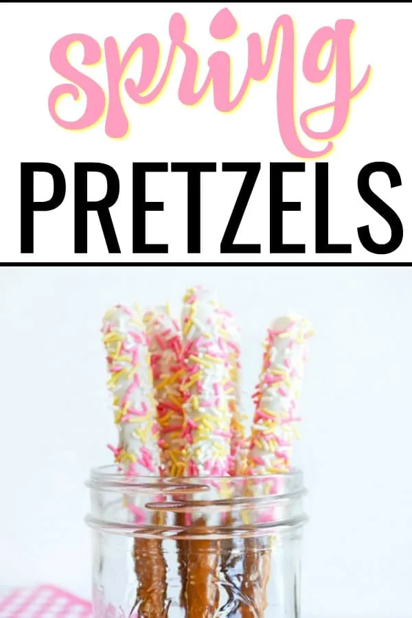 Need a fun, casual dessert idea for Easter? Try these white chocolate dipped pretzel rods rolled in sprinkles. They're fast, easy, and a crowd pleaser! #easterdesserts #easydesserts #pretzels #easyrecipes #foodforkids #eastersnacks