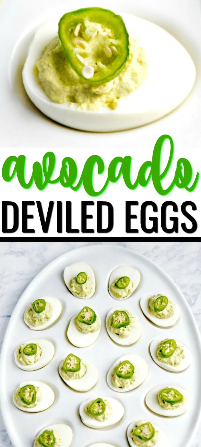 These party-ready&nbsp;avocado deviled eggs are an easy appetizer recipe for all get-togethers - St. Patrick's Day, summer barbecues or birthdays.&nbsp;#avocadorecipes #avocadodeviledeggs #deviledeggs #ketorecipes #appetizerrecipes
