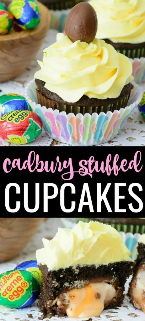 Whether you're looking for the best Easter dessert recipes or just recipes with Cadbury Creme Eggs, then you've come to the right place! This Cadbury Creme Egg Cupcakes recipe topped with an easy homemade buttercream frosting is a great way to use up all of those creme eggs you have laying around and provides a hidden surprise within these moist chocolate cupcakes recipe from scratch!&nbsp;#cadbury #cupcakerecipes #eastercupcakes #creameggs #easterdesserts