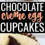 This Cadbury Chocolate Creme Egg Cupcakes with Salted Caramel Frosting recipe is a delicious dessert for Easter. Cadbury chocolate creme eggs are stuffed inside chocolate cupcakes and topped with a flavorful salted caramel frosting. #cadburyeggrecipes #cadburyeggcupcakes #chocolatecupcakes #chocolate #easterdesserts #buttercreamfrosting