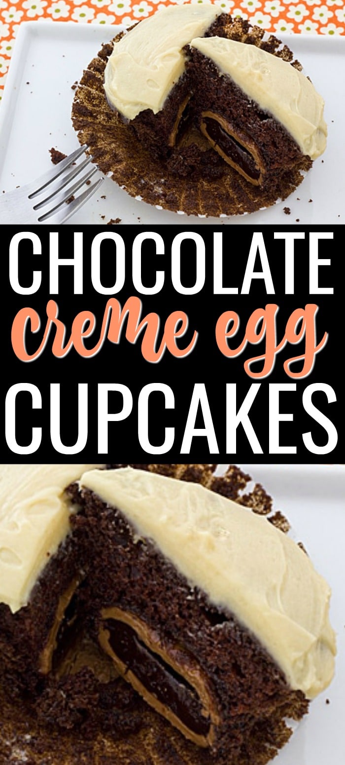 This Cadbury Chocolate Creme Egg Cupcakes with Salted Caramel Frosting recipe is a delicious dessert for Easter. Cadbury chocolate creme eggs are stuffed inside chocolate cupcakes and topped with a flavorful salted caramel frosting. #cadburyeggrecipes #cadburyeggcupcakes #chocolatecupcakes #chocolate #easterdesserts #buttercreamfrosting