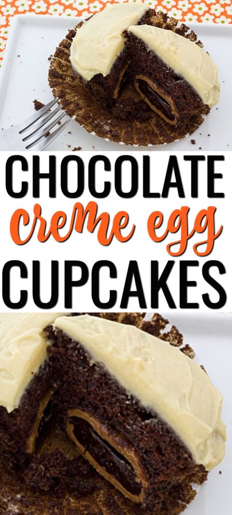 This Cadbury Chocolate Creme Egg Cupcakes with Salted Caramel Frosting recipe is a delicious dessert for Easter. Cadbury chocolate creme eggs are stuffed inside chocolate cupcakes and topped with a flavorful salted caramel frosting. #cadburyeggrecipes #cadburyeggcupcakes #chocolatecupcakes #chocolate #easterdesserts #buttercreamfrosting