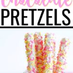 Need a fun, casual dessert idea for Easter? Try these white chocolate dipped pretzel rods rolled in sprinkles. They're fast, easy, and a crowd pleaser! #easterdesserts #easydesserts #pretzels #easyrecipes #foodforkids #eastersnacks
