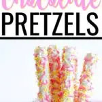 Need a fun, casual dessert idea for Easter? Try these white chocolate dipped pretzel rods rolled in sprinkles. They're fast, easy, and a crowd pleaser! #easterdesserts #easydesserts #pretzels #easyrecipes #foodforkids #eastersnacks