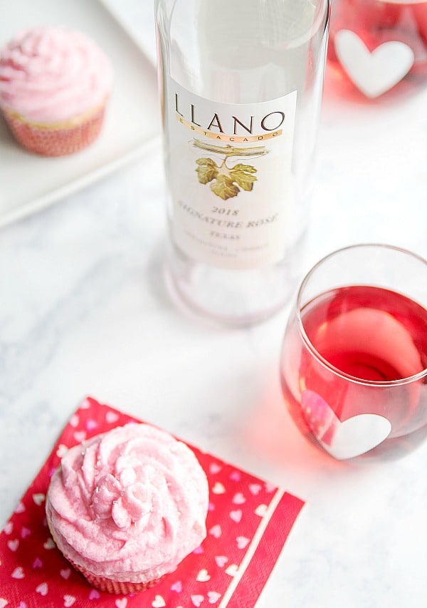 Rosé Wine Cupcakes on heart napkins with Llano Rosé Wine and glasses