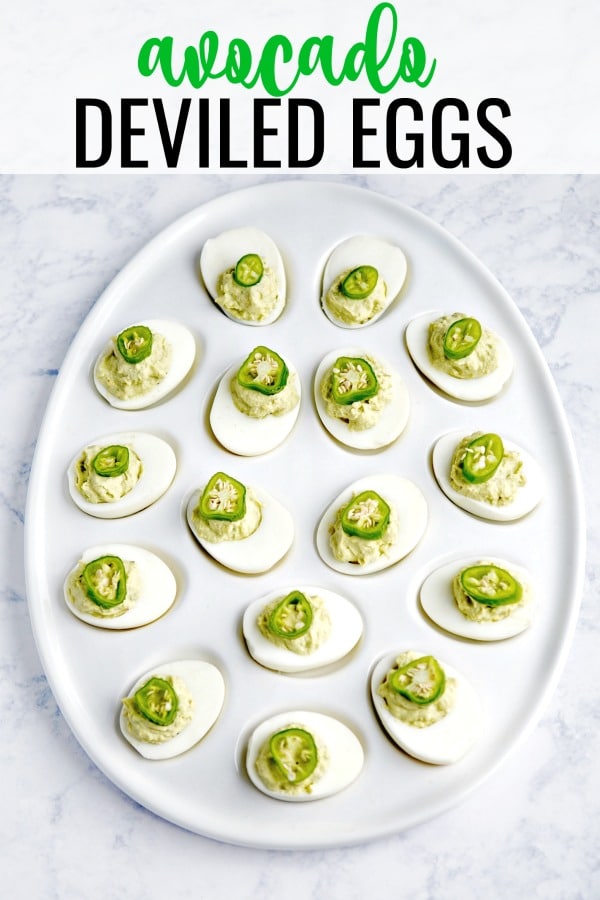 These party-ready avocado deviled eggs are an easy appetizer recipe for all get-togethers - St. Patrick's Day, summer barbecues or birthdays. #avocadorecipes #avocadodeviledeggs #deviledeggs #ketorecipes #appetizerrecipes
