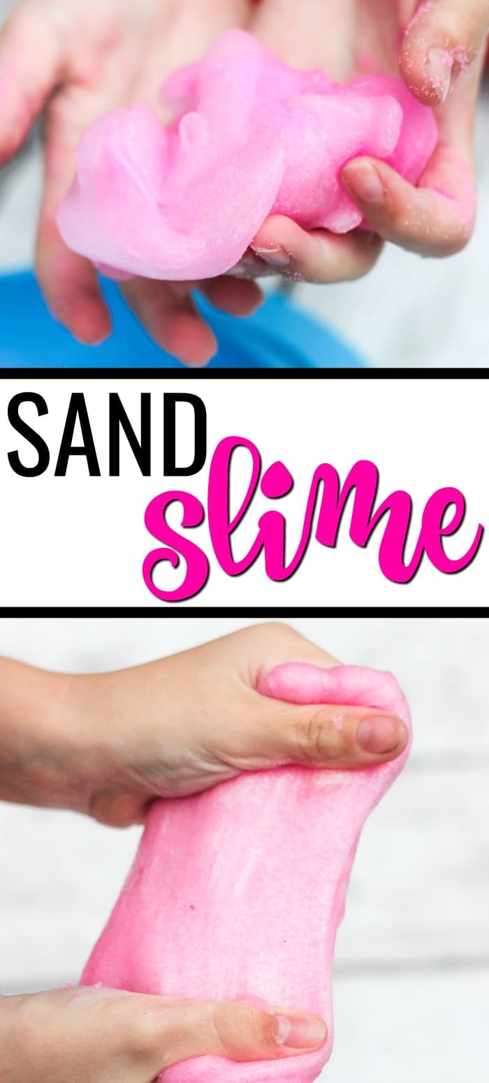 This 3 ingredient pink kinetic sand slime recipe is the perfect easy craft for kids. It's a borax free slime that's super stretchy and can also be made with sand from the beach! #slime #slimerecipe #sandslime #kineticsand #pink #easykidscrafts