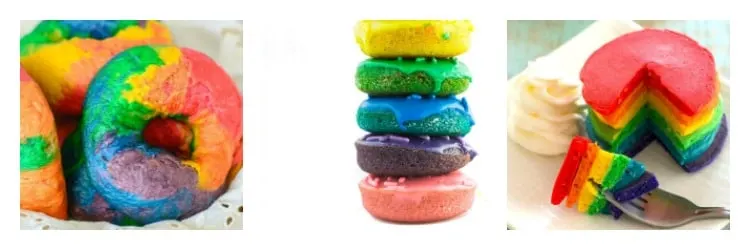 Rainbow breakfast foods: bagels, donuts, and pancakes.