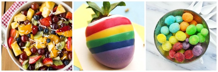 These fruity rainbow snacks are colorful desserts for your rainbow party.
